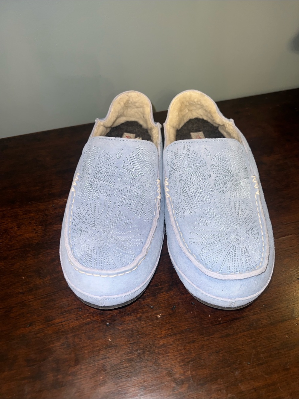 Olukai Light Blue Suede Slip-On Loafers with Floral Stitching leather